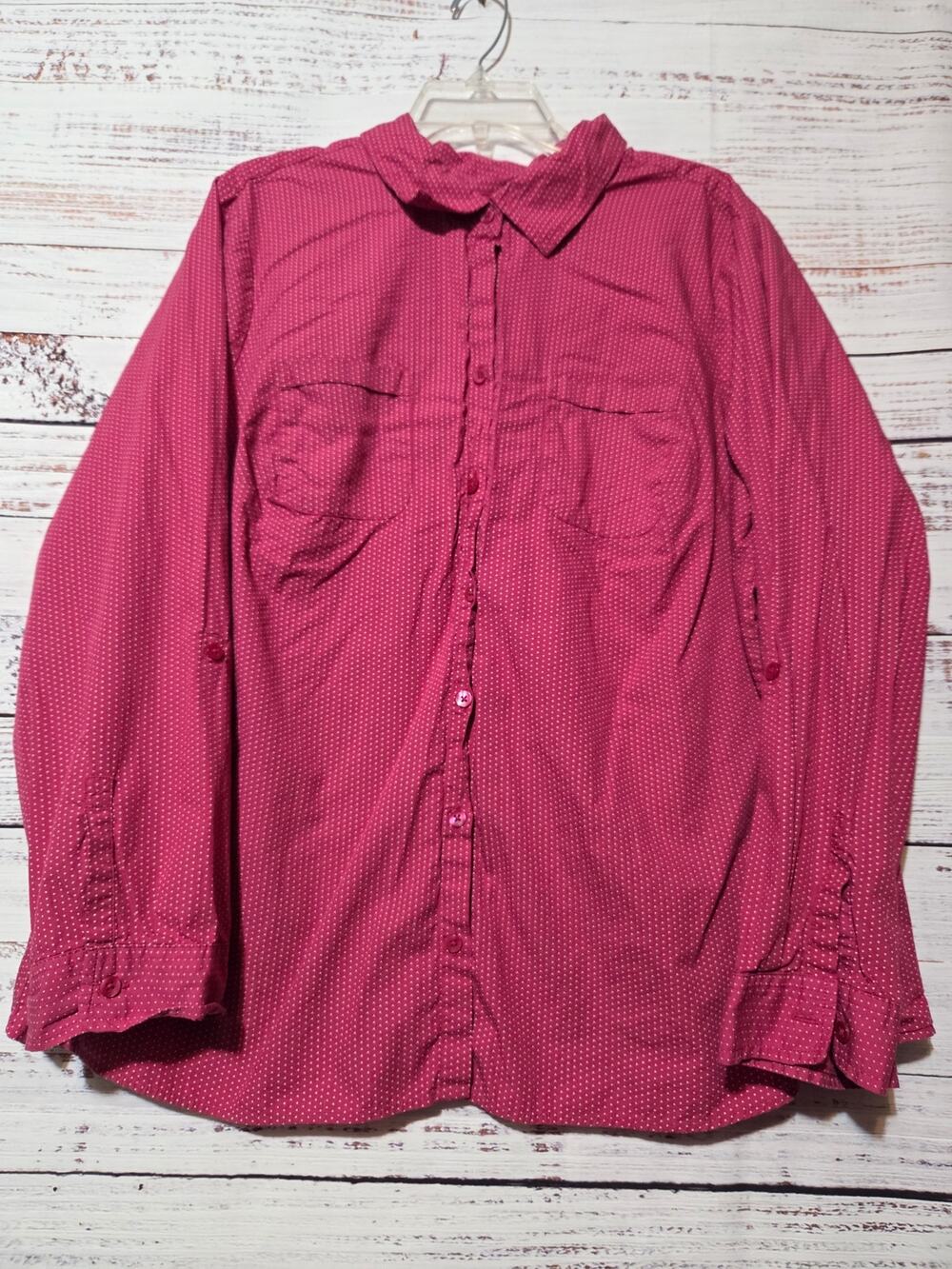 Croft Barrow Shirt Ladies 2x Pink White Polka Dot Button Front 100% Cotton